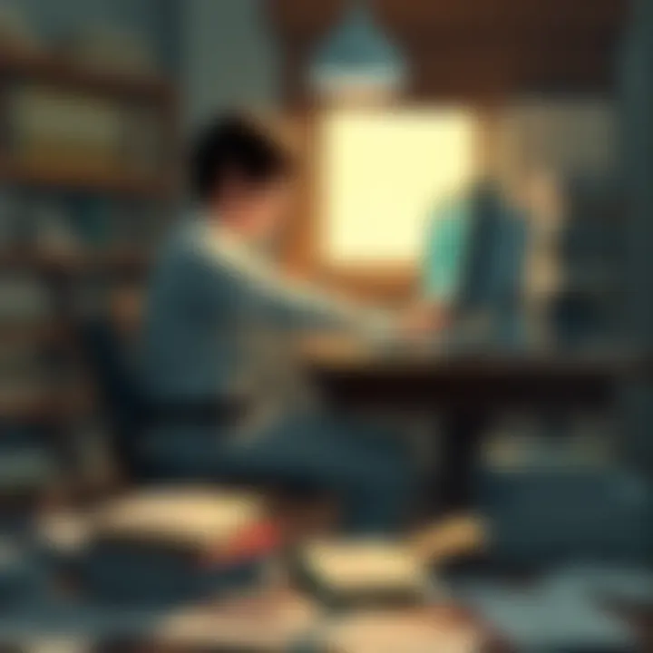 A person sitting at a vintage desk with a computer, engaging with fictional ChatGPT and Sora 2 tools, surrounded by books and papers, showing curiosity and excitement about accessing information.