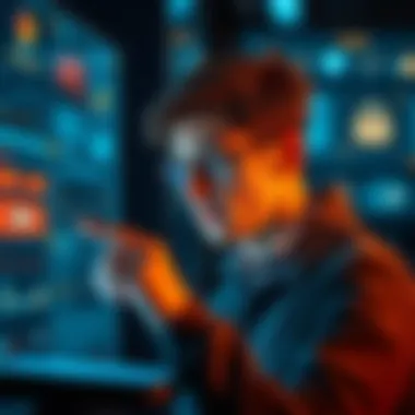 A person interacting with a digital knowledge management tool, looking thoughtful while considering the impact of automation on learning and understanding.