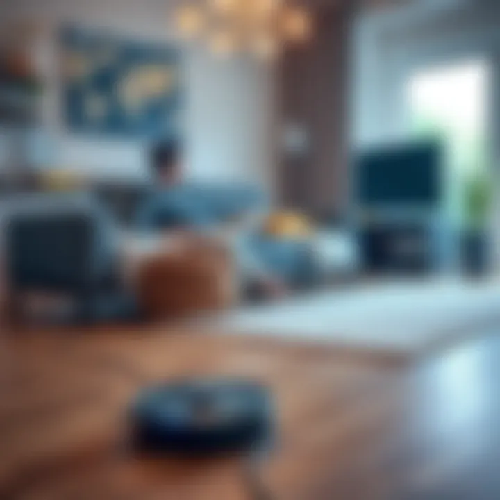 Person using a robot vacuum A person relaxes on the sofa while a robot vacuum cleans the floor