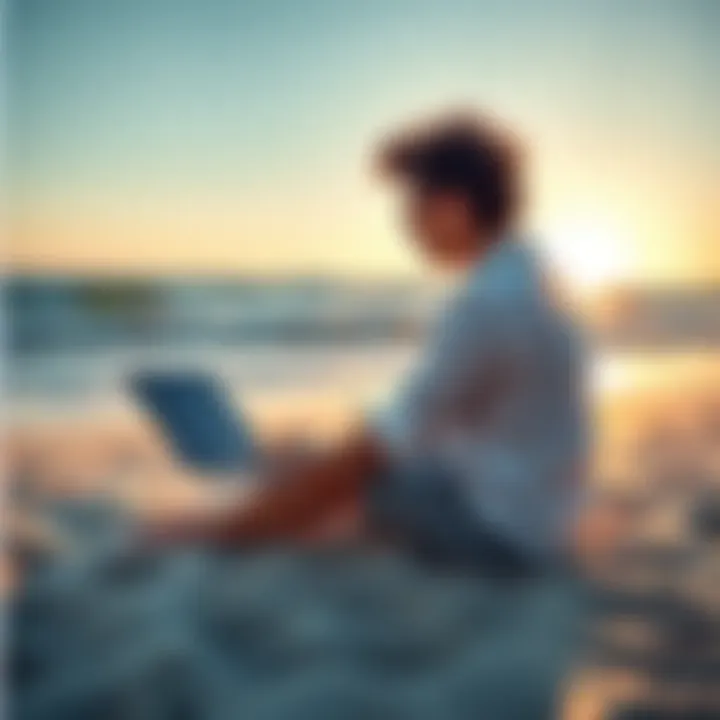 A person sitting on a beach with a laptop, enjoying the sun while working on an AI project.