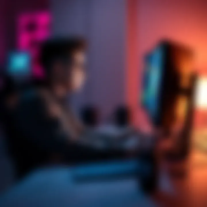 A focused individual sitting at a desk, creating a game on their computer with game design elements visible on the screen.