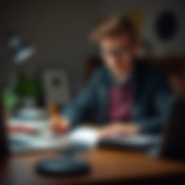 Individual sitting at a desk, writing in a notebook with a focused expression, surrounded by a calm workspace