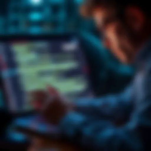 A person examining text on a laptop to identify writing style patterns