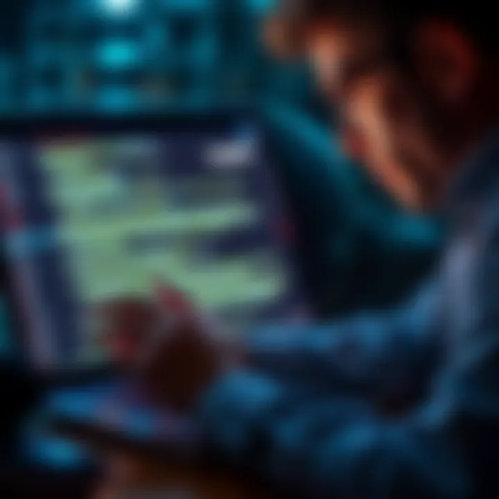 A person examining text on a laptop to identify writing style patterns