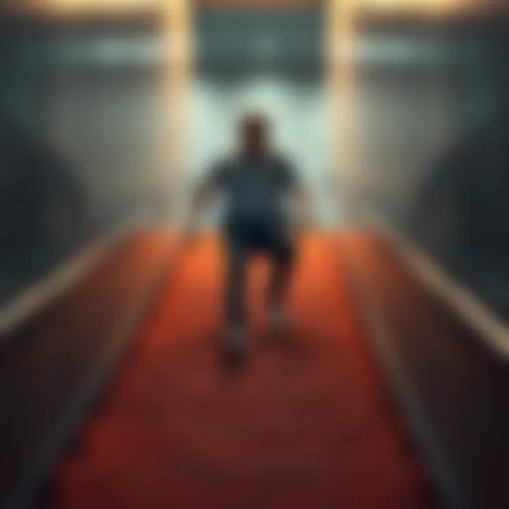 A person actively climbing stairs with a determined expression, showcasing the benefits of choosing stairs over elevators for health.