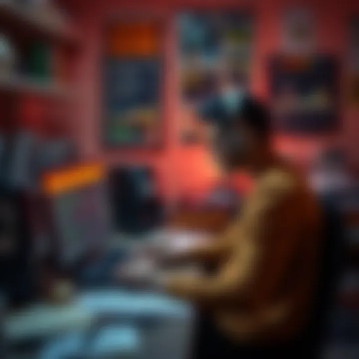 Individual focused on coding at a cluttered desk surrounded by notes and a computer screen displaying code. A vintage game poster hangs on the wall, symbolizing their goal of creating games.