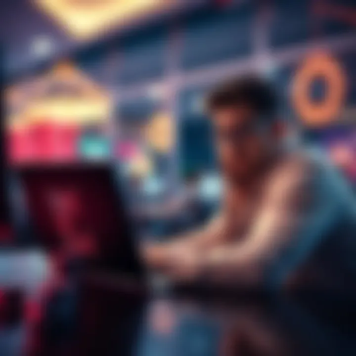 A programmer sits at a desk, looking stressed while coding on a laptop, with a casino setting in the background, symbolizing financial risk.