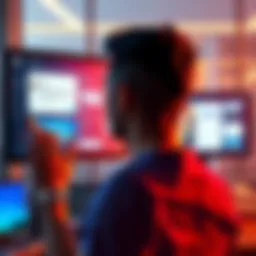 A person looking at two screens, one displaying ChatGPT with ads and the other showing an ad-free chatbot interface, showing contemplation