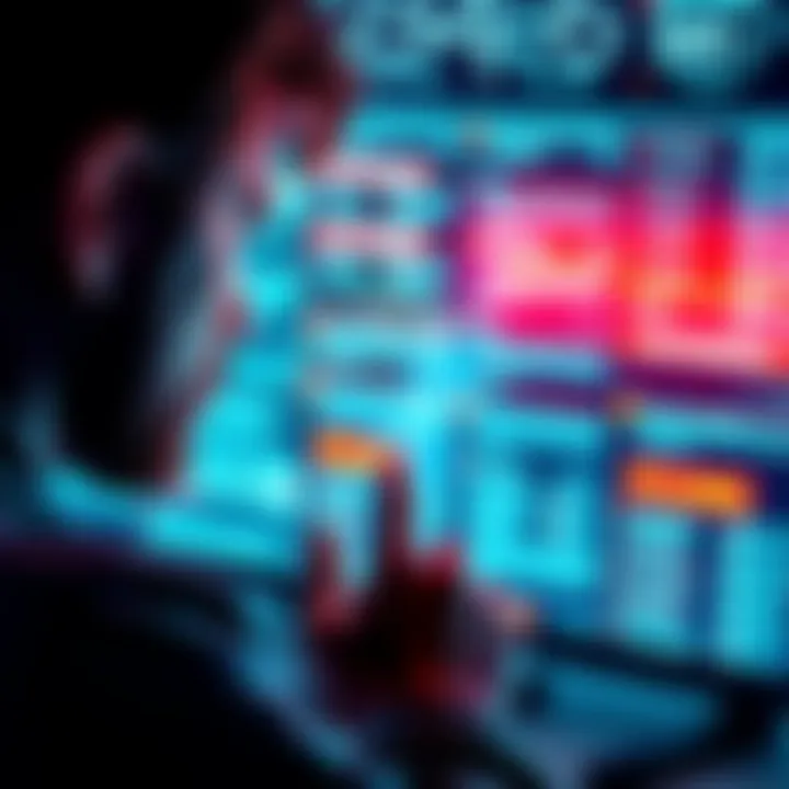 A person looking at a computer screen A person examining a computer screen filled with claims and rumors from forums, showing uncertainty and curiosity