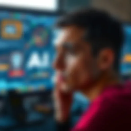 A person looks worried while staring at a computer screen displaying AI graphics, reflecting societal concerns about artificial intelligence.