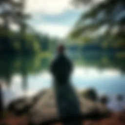 A person sitting on a rock by a serene lake, surrounded by trees, reflecting on their strengths and creativity.