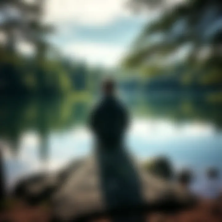A person sitting on a rock by a serene lake, surrounded by trees, reflecting on their strengths and creativity.