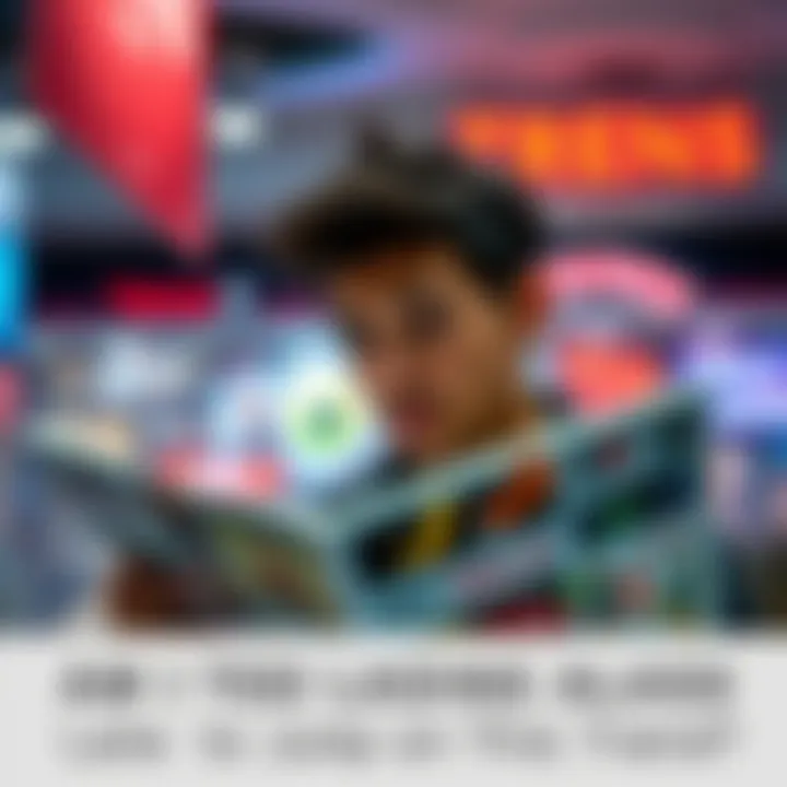 A person looking thoughtfully at a magazine filled with popular trends, contemplating joining in.