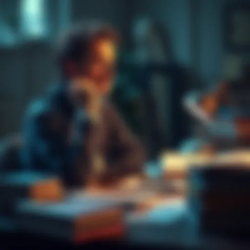 A person sitting at a desk, deep in thought with books and papers on language theory around them