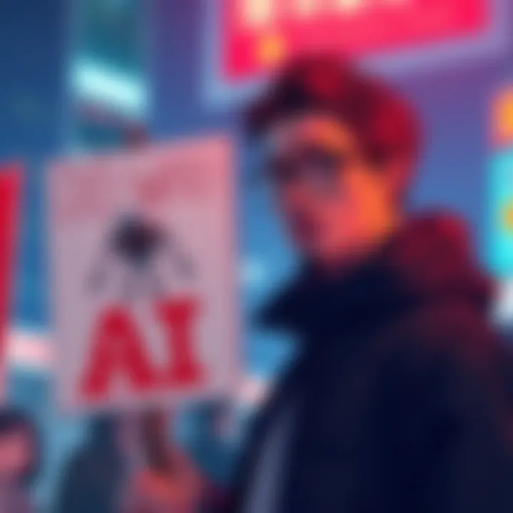 A person looks conflicted while holding a sign opposing AI, with a cartoon character resembling Neuro-sama in the background cheering them on.
