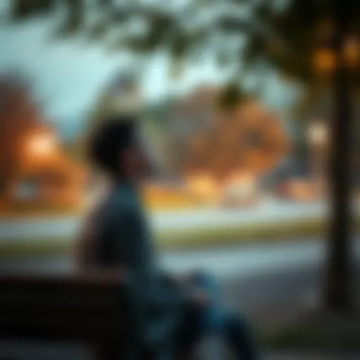 Individual sitting on a park bench staring off into space, contemplating, highlighting the importance of boredom for creativity.