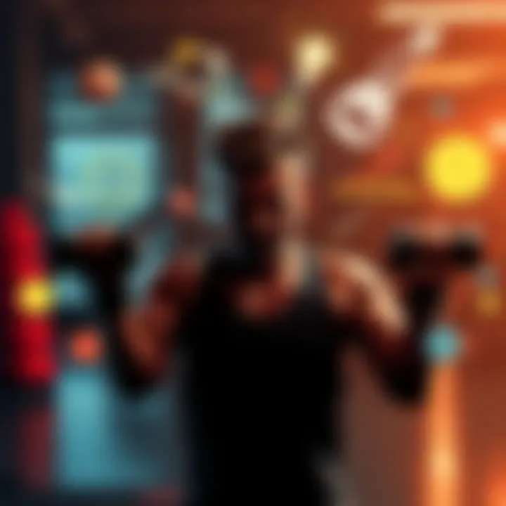 A person working out while surrounded by symbols of creativity like a light bulb and paintbrush, illustrating the link between physical effort and creative thinking.