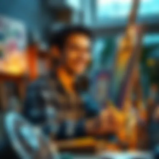 A person smiling while painting on a canvas, surrounded by art supplies, symbolizing creativity over technology reliance