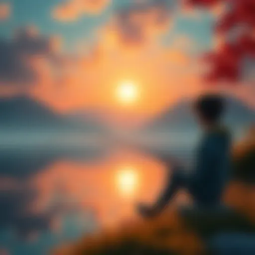 A virtual scene of a character sitting by a calm lake, fishing with a peaceful sunset in the background, evoking a feeling of relaxation.