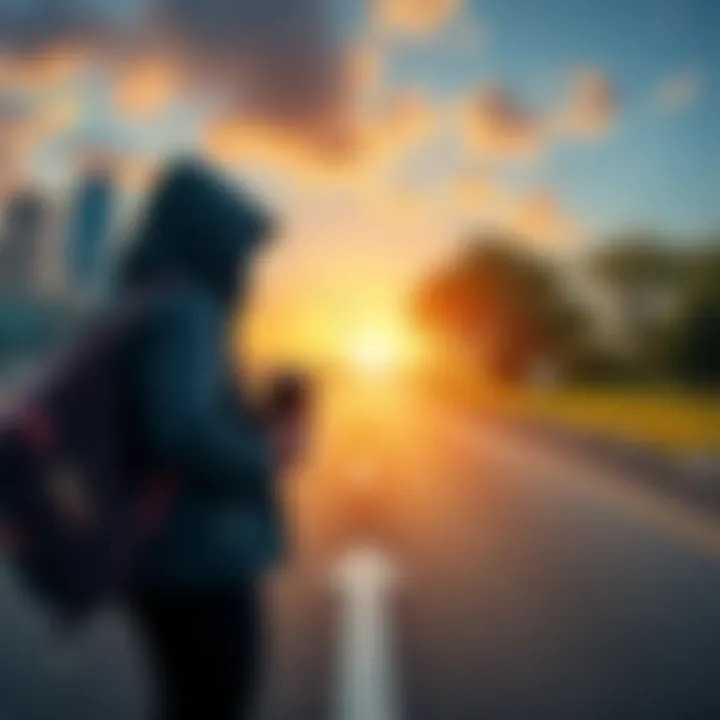 A person stands at a crossroads looking at their smartphone, appearing uncertain about their next move. The background shows a cityscape and nature, symbolizing different life choices.