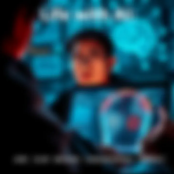 Individual looking concerned while using a laptop with AI graphics on screen, representing cognitive overload