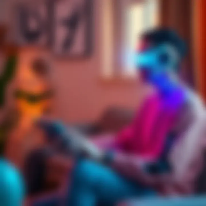 Individual engaged in conversation with an AI device in a cozy living room setting, showing a blend of technology and daily life.