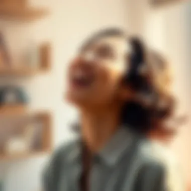 Person laughing while taking a deep breath A cheerful individual taking a deep breath with a big smile, surrounded by relaxed vibes and light colors, representing stress relief and humor.
