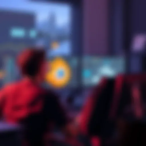 A person sitting at a computer, focused on Blender software with a 3D model on screen, showing signs of concentration and creativity.