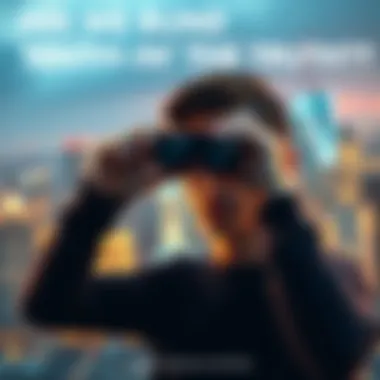 A person gazing through binoculars at a blurred cityscape, symbolizing the search for truth in a complex world