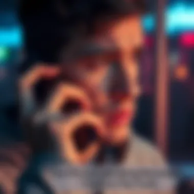 A person holding a smartphone to their ear, looking concerned about privacy while talking.