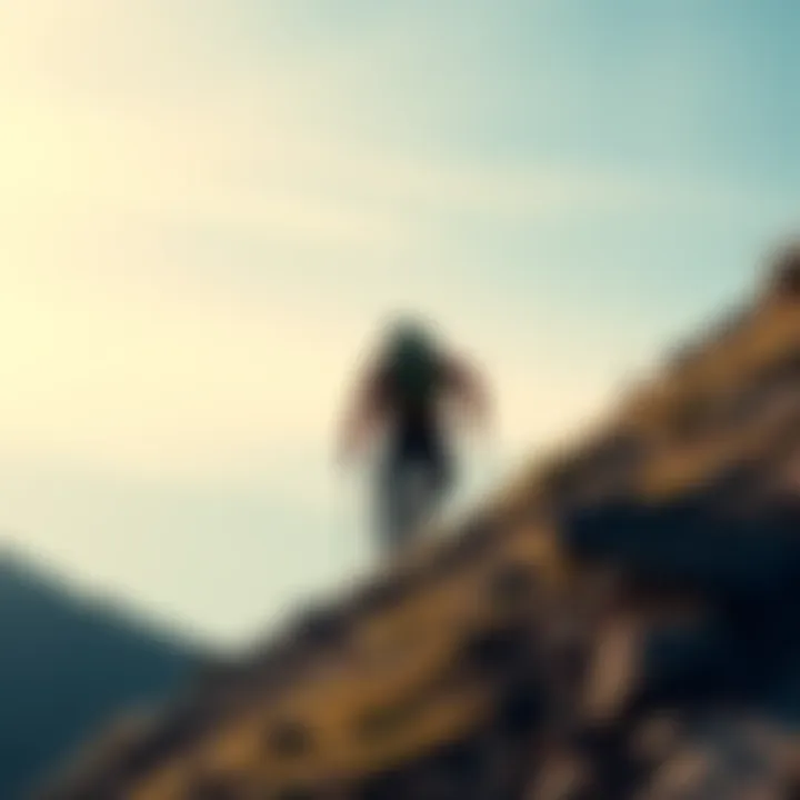 A person carefully walking up a steep slope with a backpack, focusing on balance and technique.