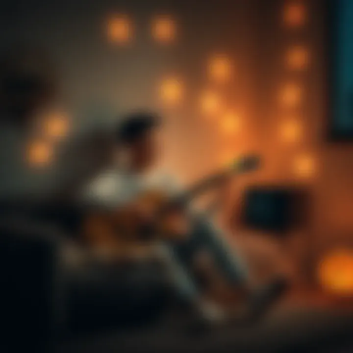 A person sitting comfortably in a cozy room, playing a guitar with a content smile, surrounded by musical notes and soft lighting, embodying relaxation through music.