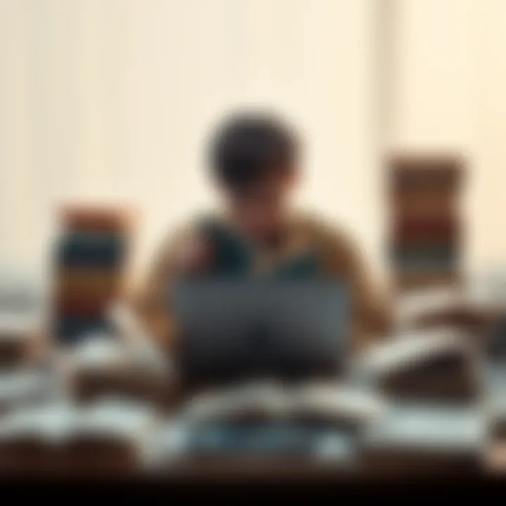 A person sits at a table surrounded by open books and a laptop, looking confused and overwhelmed by the amount of information