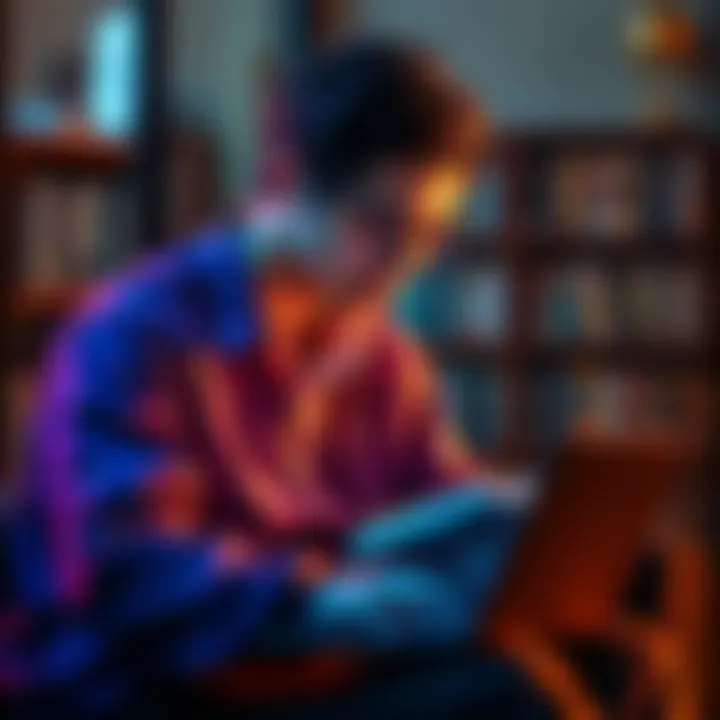 Individual engaged in reading a book while simultaneously using a laptop for information gathering