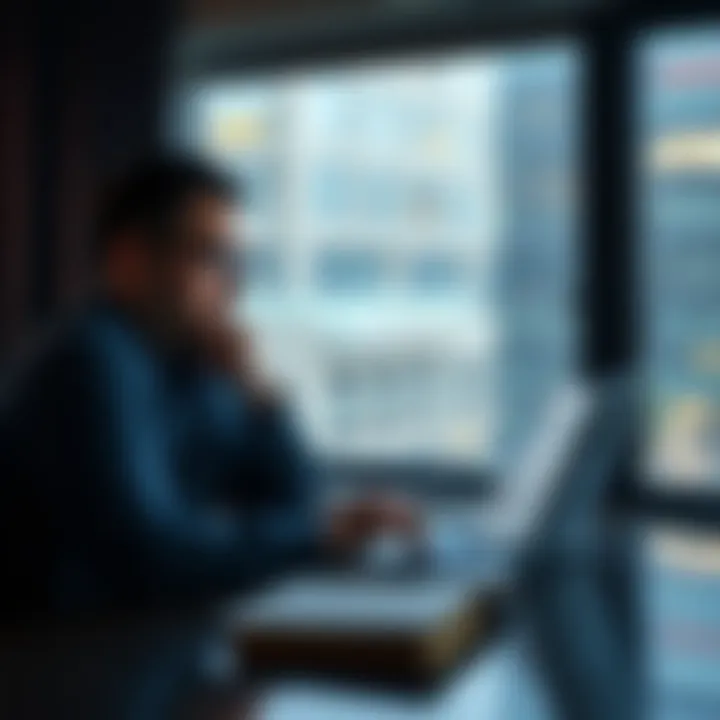 A person sits at a table, reading the Palantir manifesto on a laptop with a thoughtful expression.