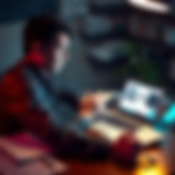 Individual sitting at a desk with a thoughtful expression, surrounded by papers and a laptop showing AI-related articles, symbolizing their critical view of AI.