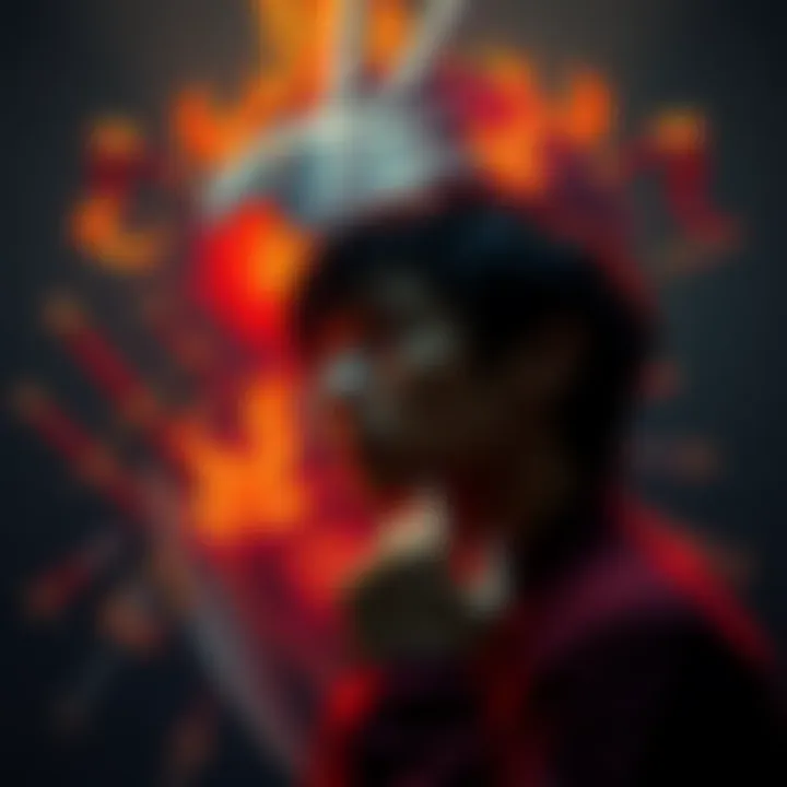 A person looking thoughtfully at a vivid artwork that evokes strong emotions, surrounded by symbols of conflict and craftsmanship like swords and tools.