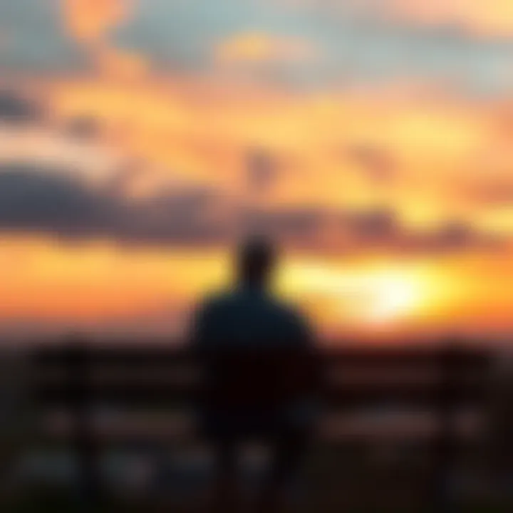Individual sitting on a bench, looking thoughtful and facing a sunset, symbolizing acceptance of tough situations.