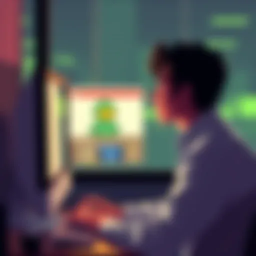 A person sitting at a computer, looking thoughtful, with a Habbo character displayed on the screen, representing online status versus real-life feelings.