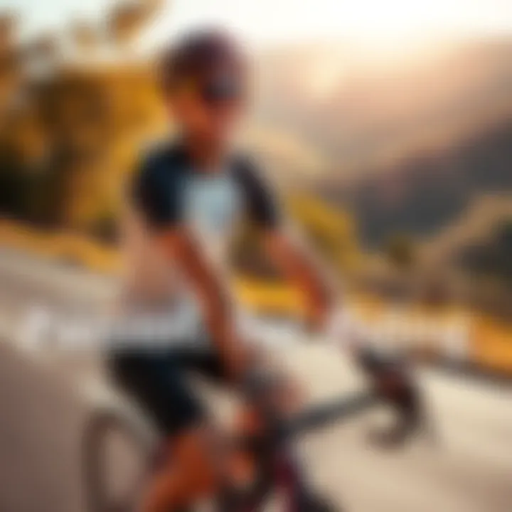 A cyclist enjoys a scenic ride on a sunny day, smiling as they pedal through a vibrant landscape.