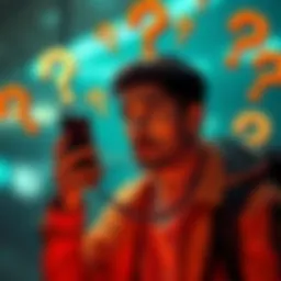 A person looking confused while holding a phone, surrounded by question marks, seeking assistance for unexpected challenges.