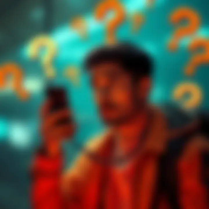 A person looking confused while holding a phone, surrounded by question marks, seeking assistance for unexpected challenges.