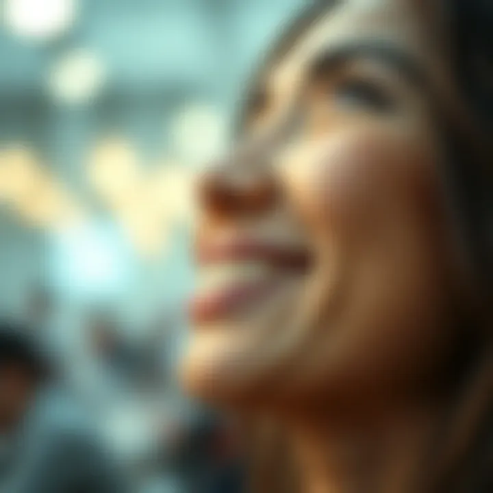 A close-up of a person smiling softly, conveying warmth and connection, with a blurred background representing change and emotions.