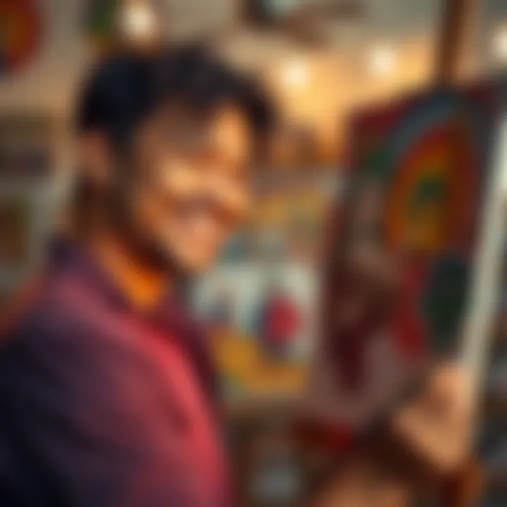 A person painting while smiling, showcasing personal fulfillment through creativity and expression.