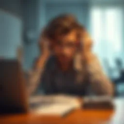 A person looks anxious while preparing for a job interview, surrounded by notes and a laptop