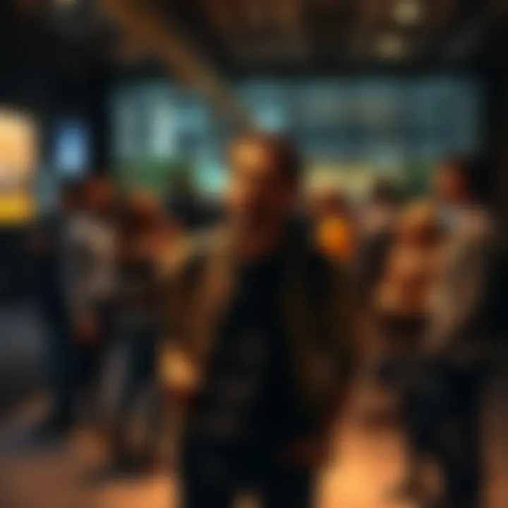 A person looking anxious while standing in a social setting, trying to introduce themselves to a group of people.