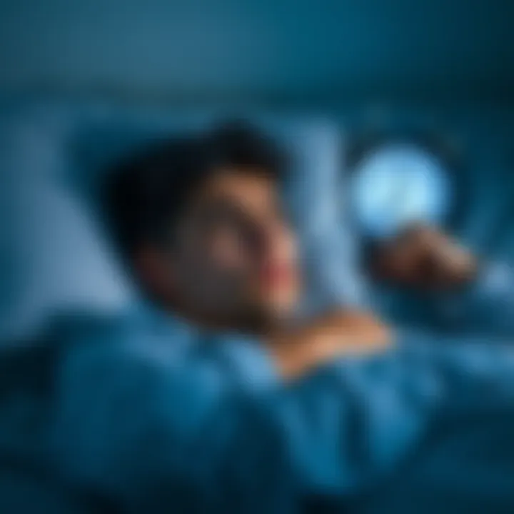 A person lying awake in bed, looking frustrated with a clock showing late hours, representing sleep struggles.