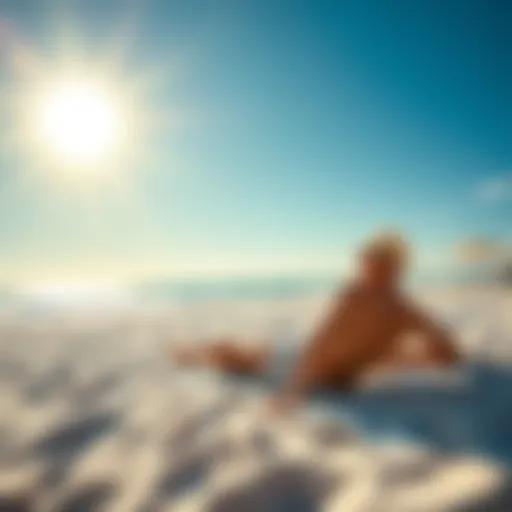 A person relaxing on a beach towel under the sun, enjoying safe tanning and the warm weather.