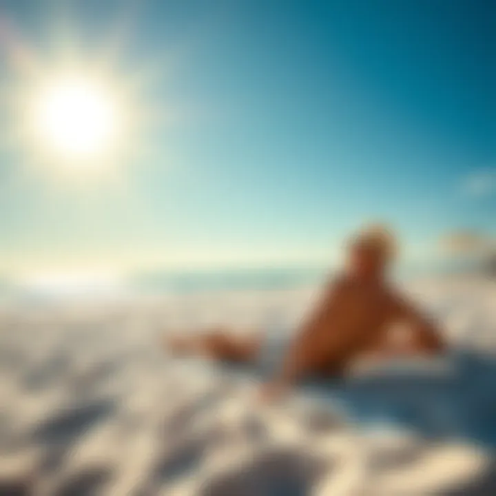 A person relaxing on a beach towel under the sun, enjoying safe tanning and the warm weather.