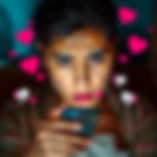 A person looks frustrated while swiping on a dating app on their phone, surrounded by heart icons and thumbs down symbols, showing the struggles of online dating.